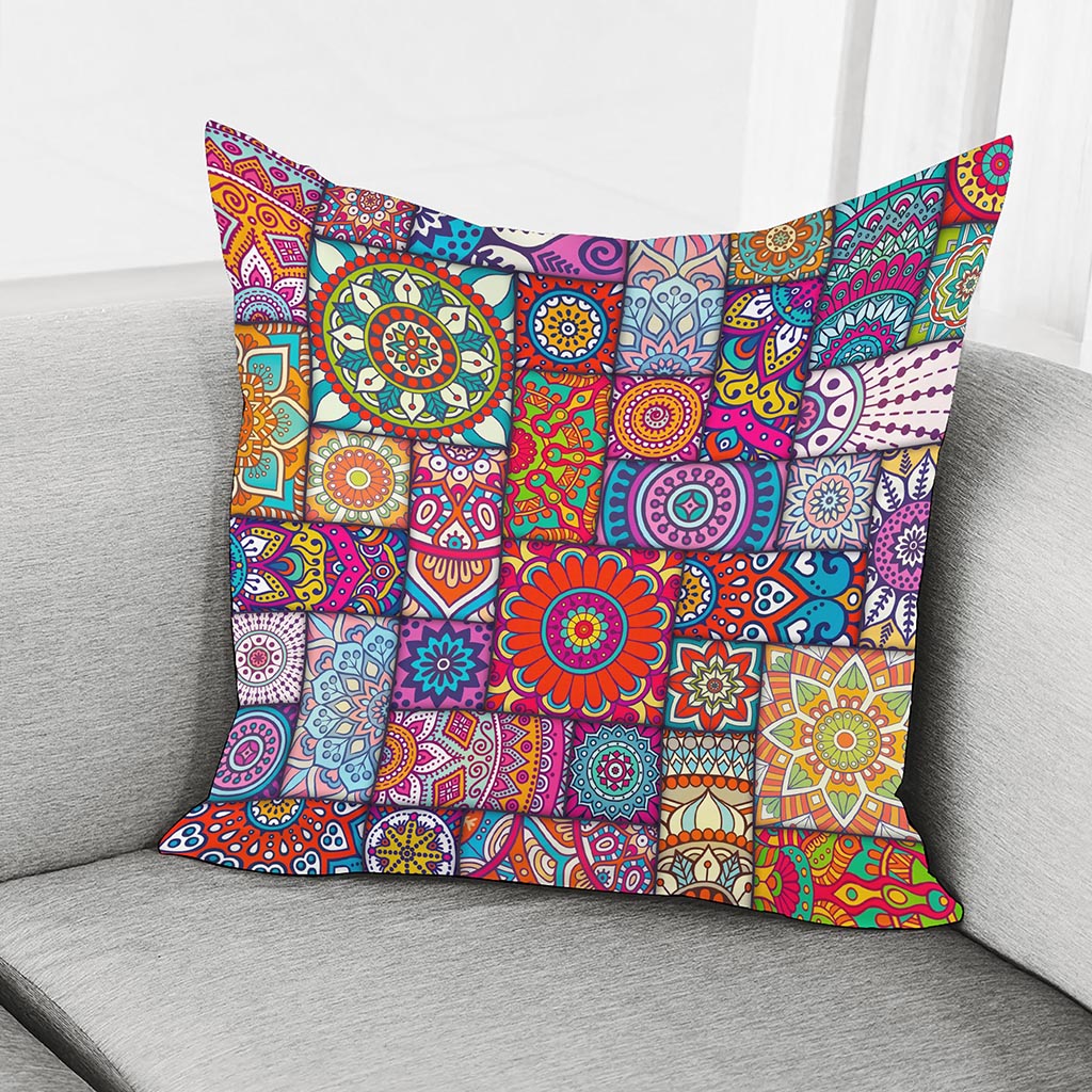 Square Bohemian Mandala Patchwork Print Pillow Cover