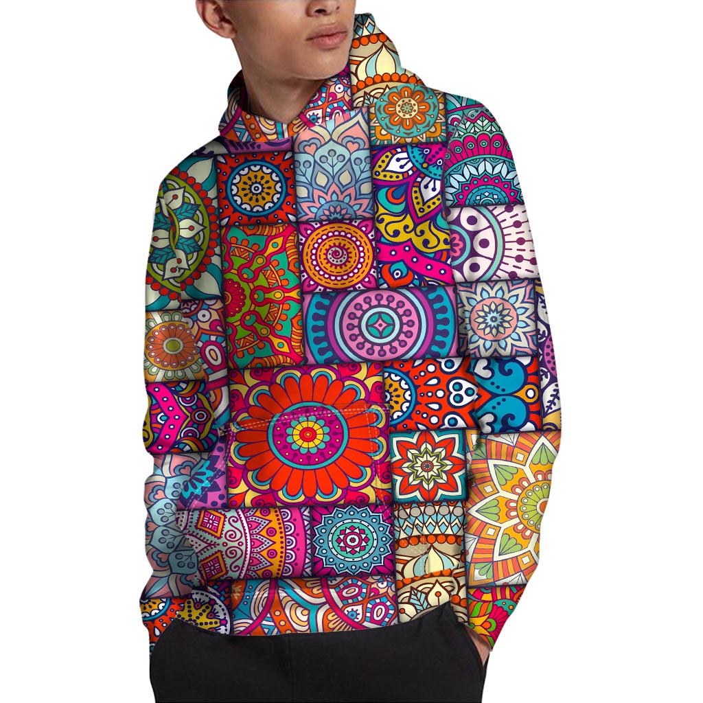 Square Bohemian Mandala Patchwork Print Pullover Hoodie