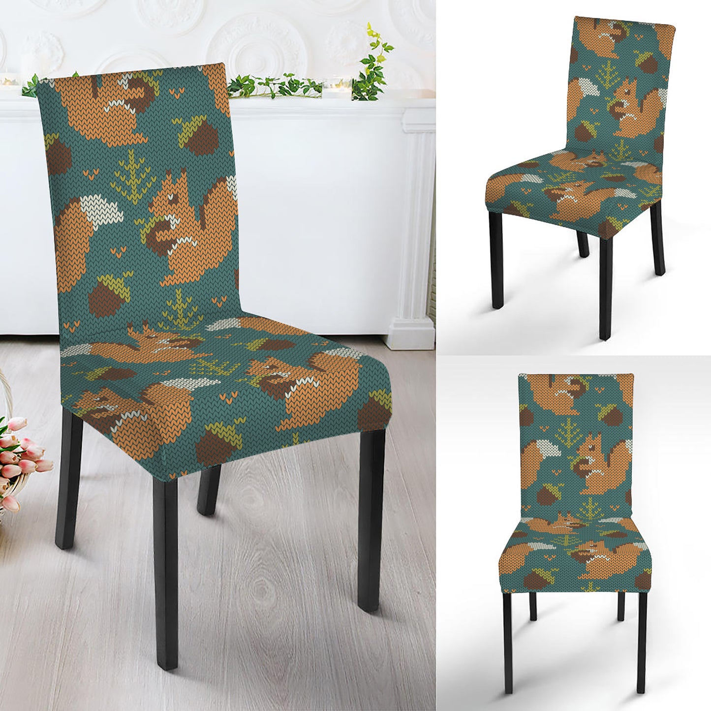 Squirrel Knitted Pattern Print Dining Chair Slipcover