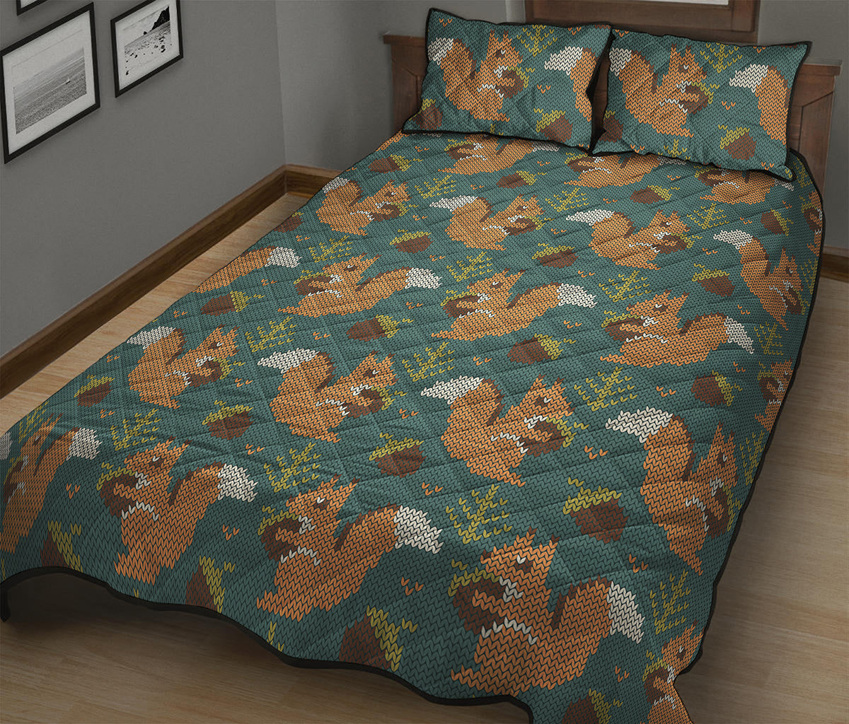 Squirrel Knitted Pattern Print Quilt Bed Set