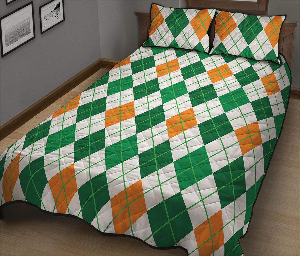 St Patrick's Day Argyle Pattern Print Quilt Bed Set