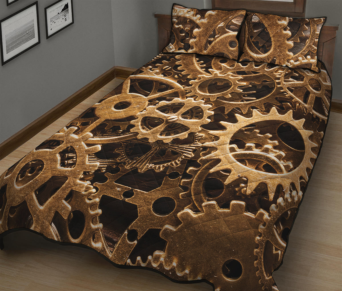Steampunk Brass Cogs And Gears Print Quilt Bed Set
