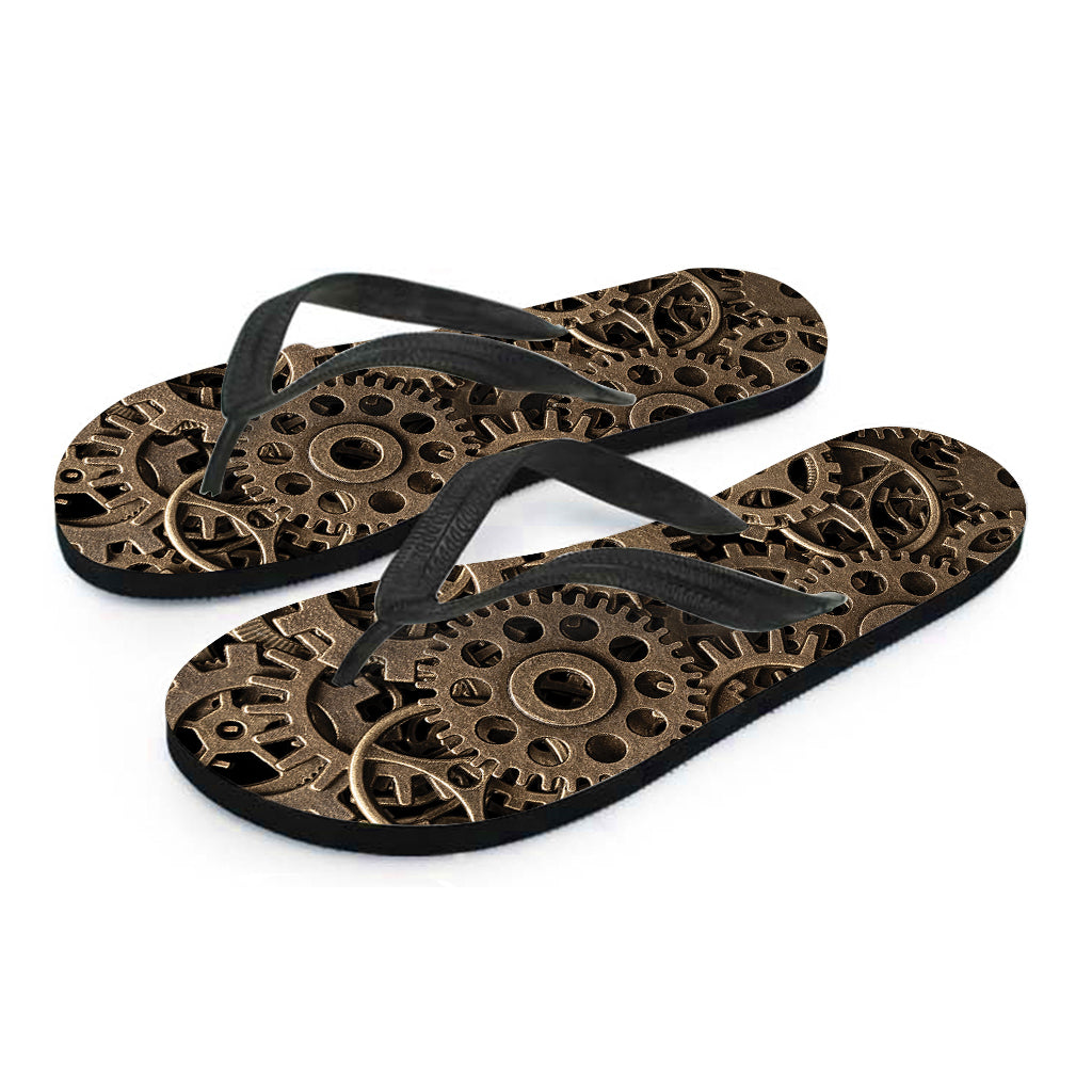 Steampunk Brass Gears And Cogs Print Flip Flops