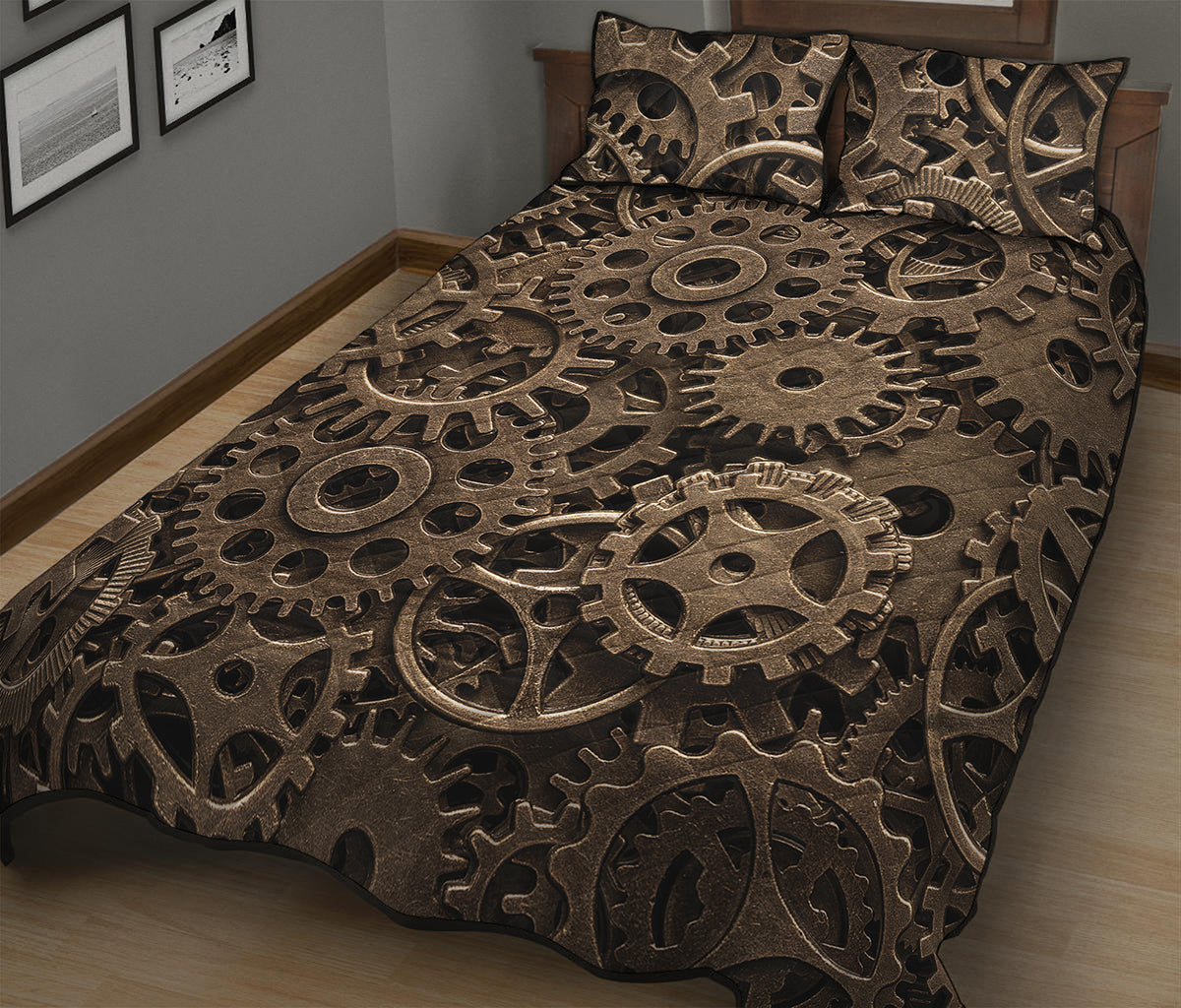 Steampunk Brass Gears And Cogs Print Quilt Bed Set