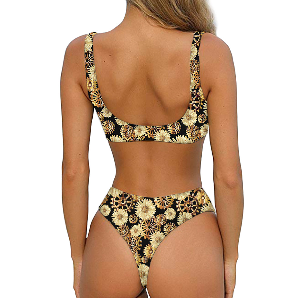 Steampunk Chamomile Pattern Print Front Bow Tie Bikini