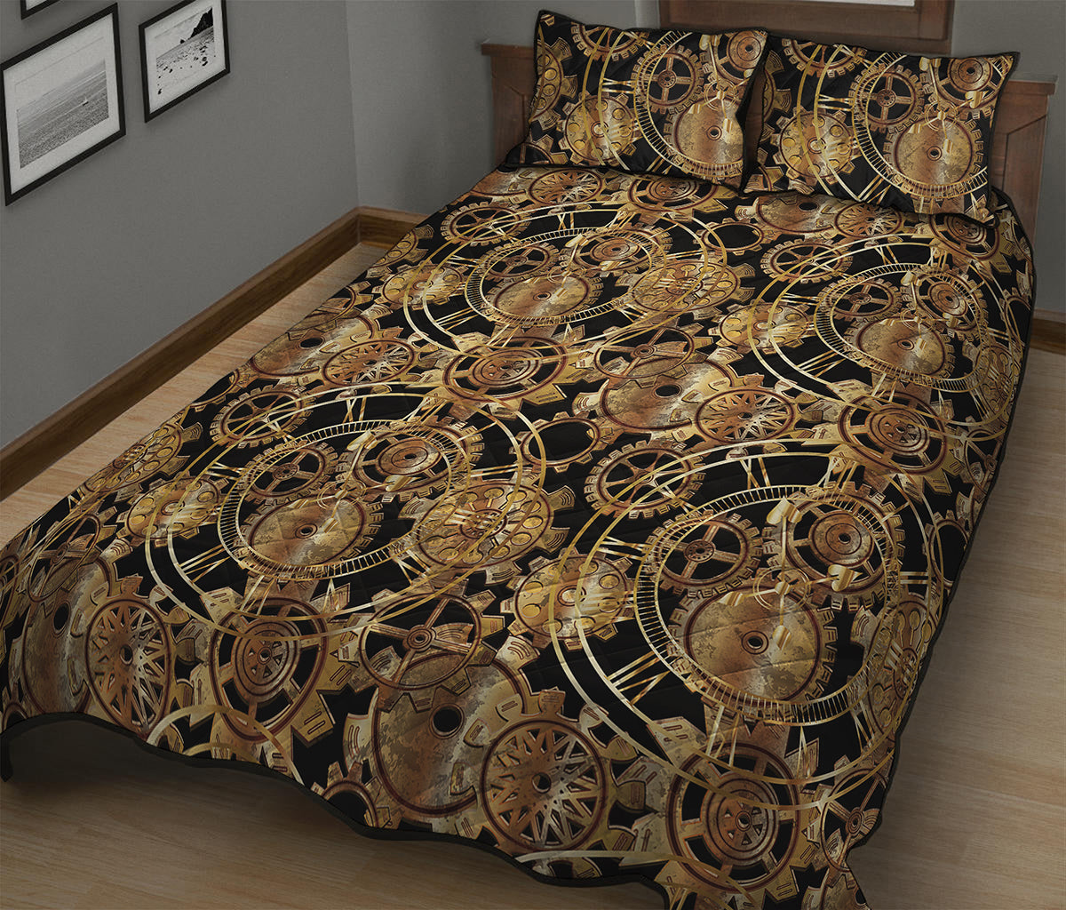 Steampunk Clock Gears Print Quilt Bed Set
