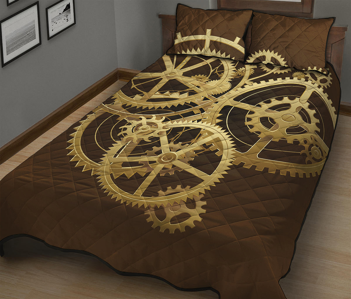 Steampunk Cogwheels Print Quilt Bed Set