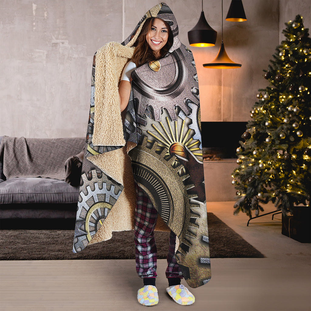 Steampunk Gears And Cogs Print Hooded Blanket