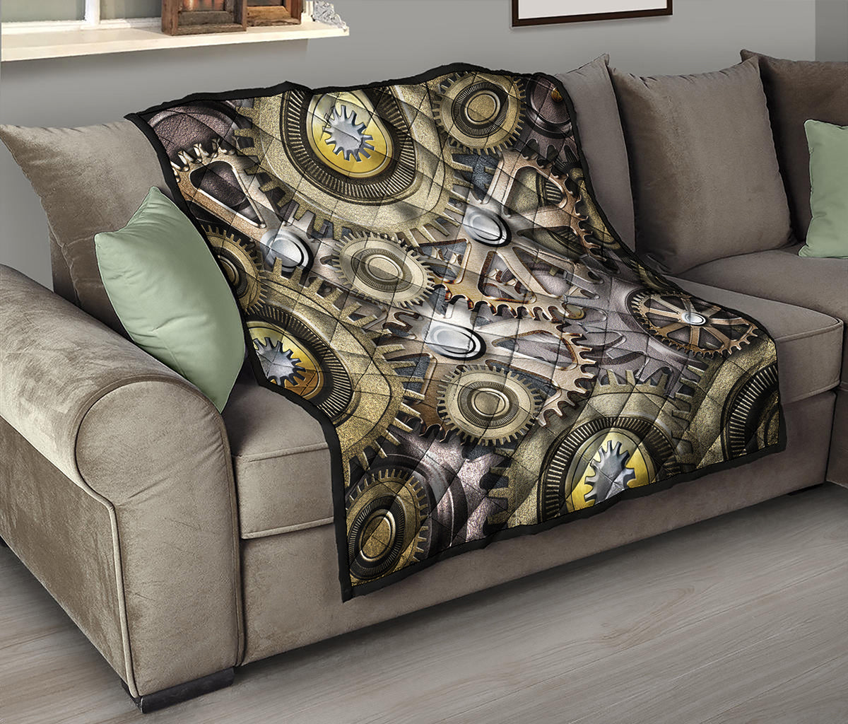 Steampunk Metallic Gears Print Quilt