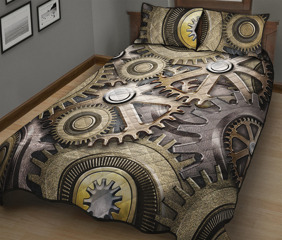 Steampunk Metallic Gears Print Quilt Bed Set