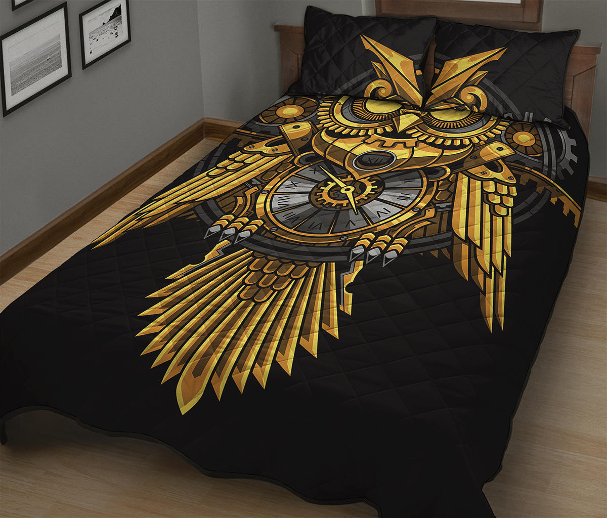 Steampunk Owl Print Quilt Bed Set