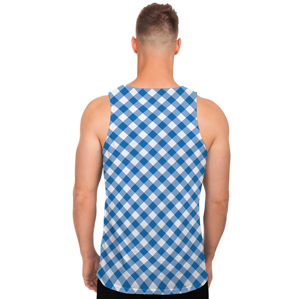 Steel Blue And White Gingham Print Men's Tank Top