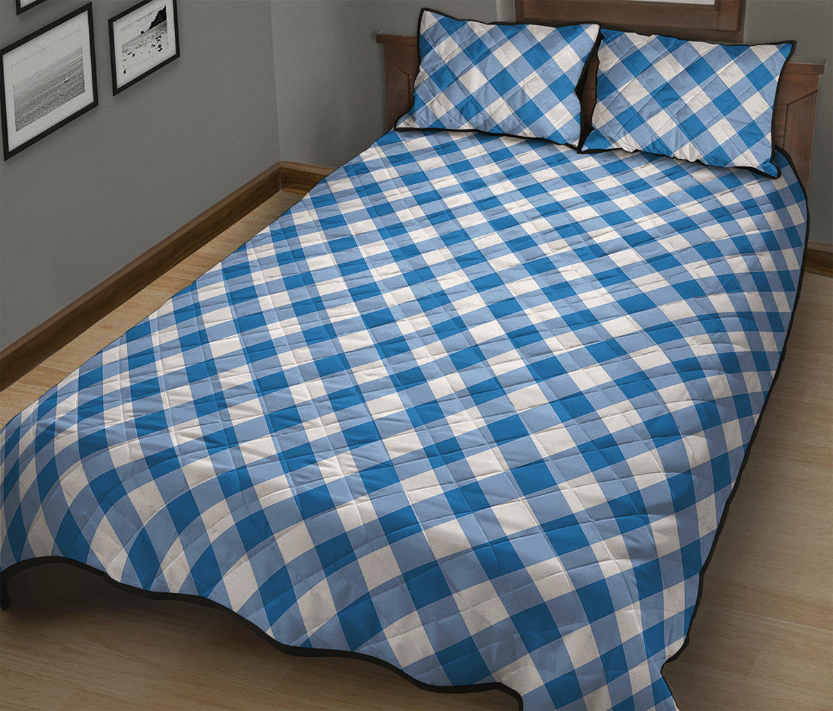 Steel Blue And White Gingham Print Quilt Bed Set