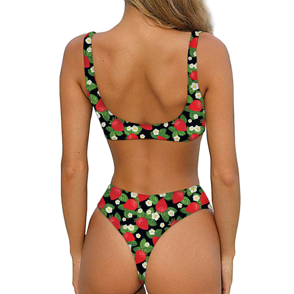 Strawberry And Flower Pattern Print Front Bow Tie Bikini