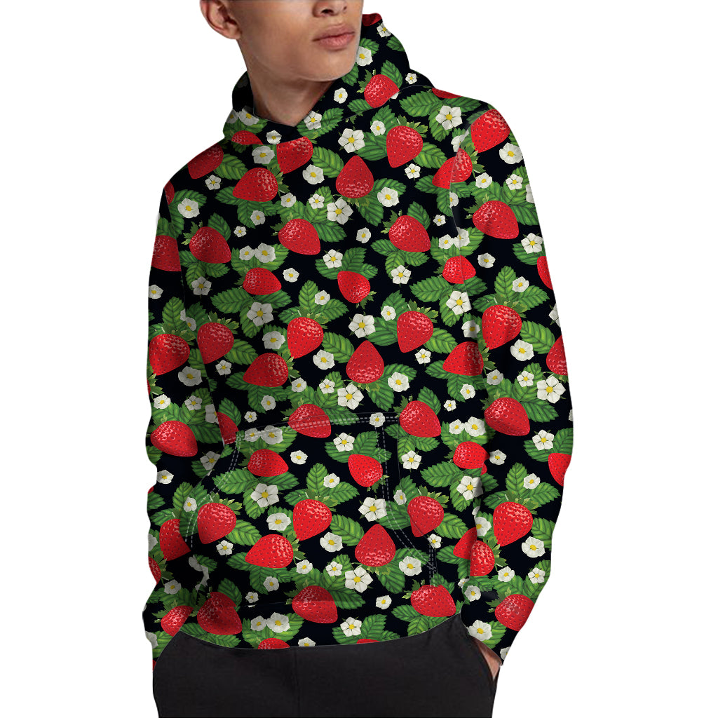 Strawberry And Flower Pattern Print Pullover Hoodie