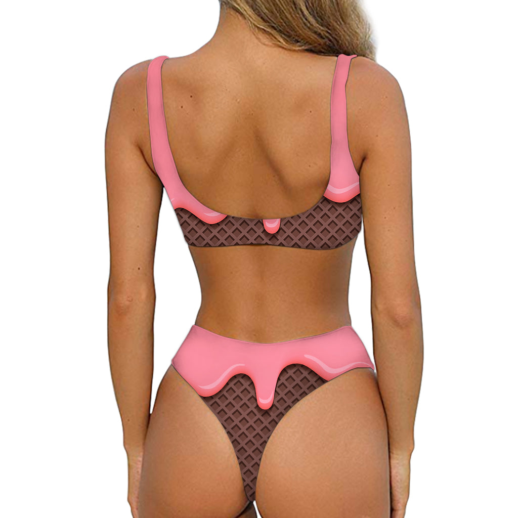 Strawberry Ice Cream Melted Print Front Bow Tie Bikini