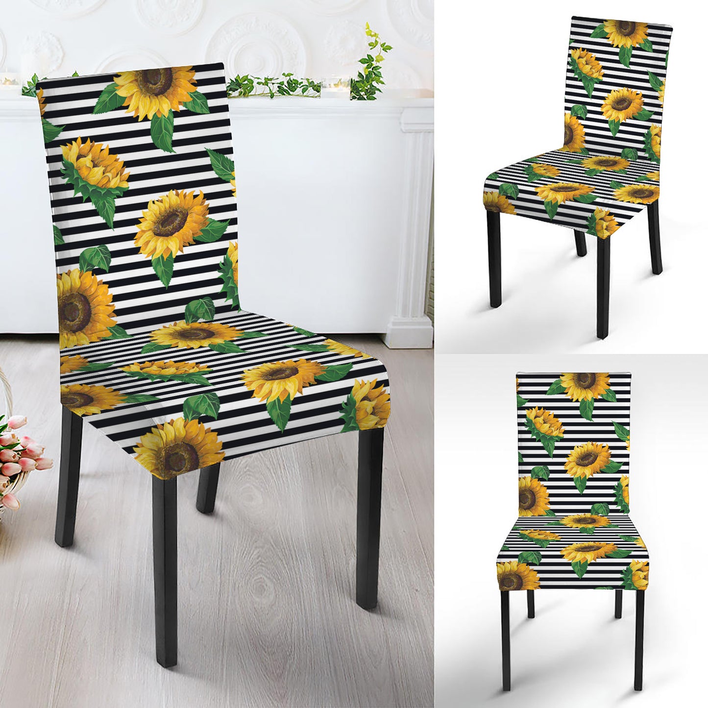 Stripe Sunflower Pattern Print Dining Chair Slipcover