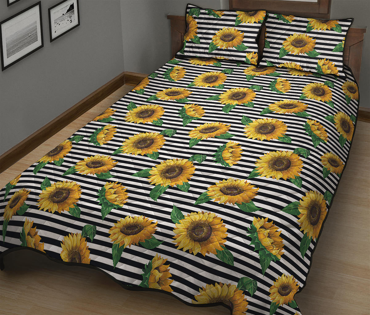 Stripe Sunflower Pattern Print Quilt Bed Set