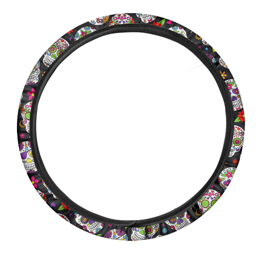 Sugar Skull Pattern Print Car Steering Wheel Cover