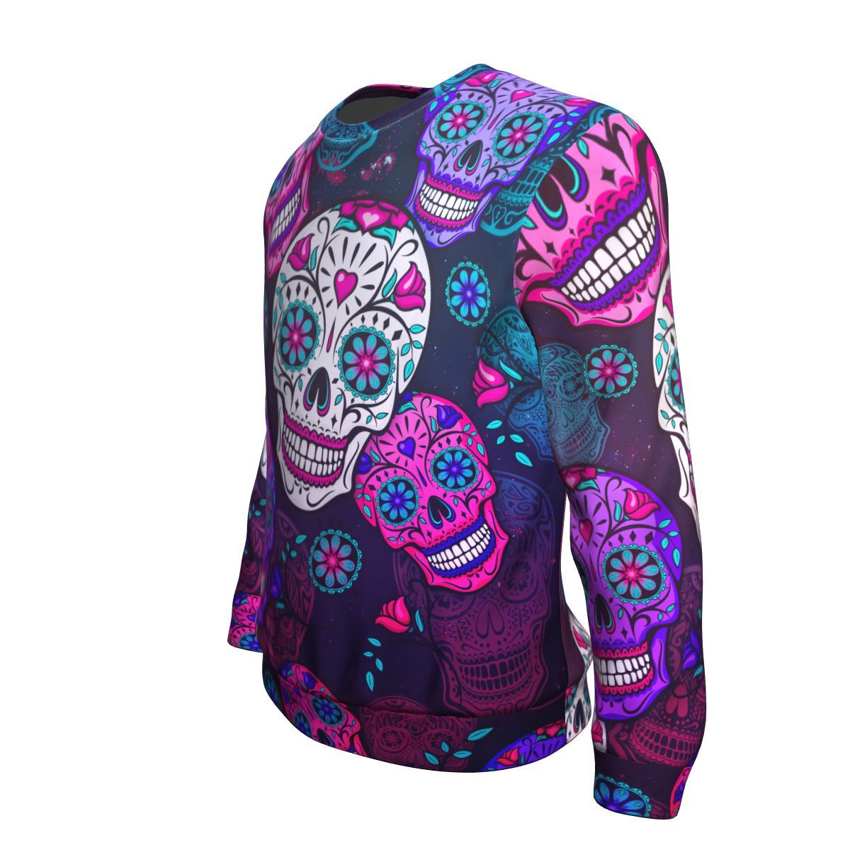 Sugar Skull Purple Teal Pattern Print Unisex Crewneck Sweatshirt GearFrost