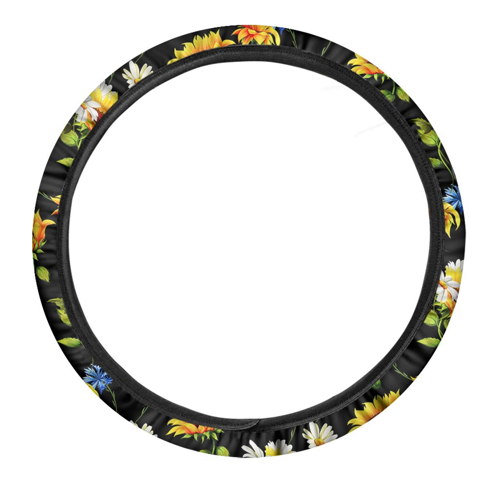 Sunflower Chamomile Pattern Print Car Steering Wheel Cover