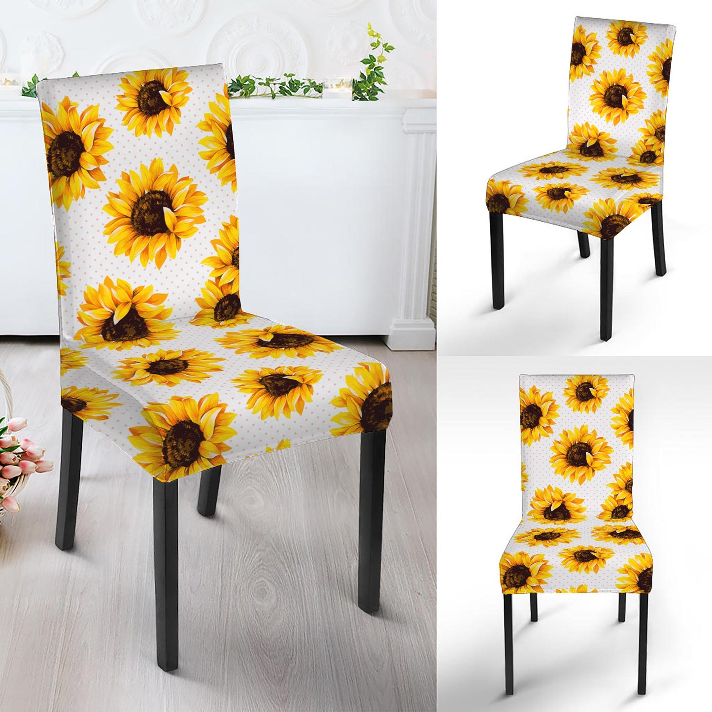 Sunflower Polka Dot Pattern Print Dining Chair Slipcover