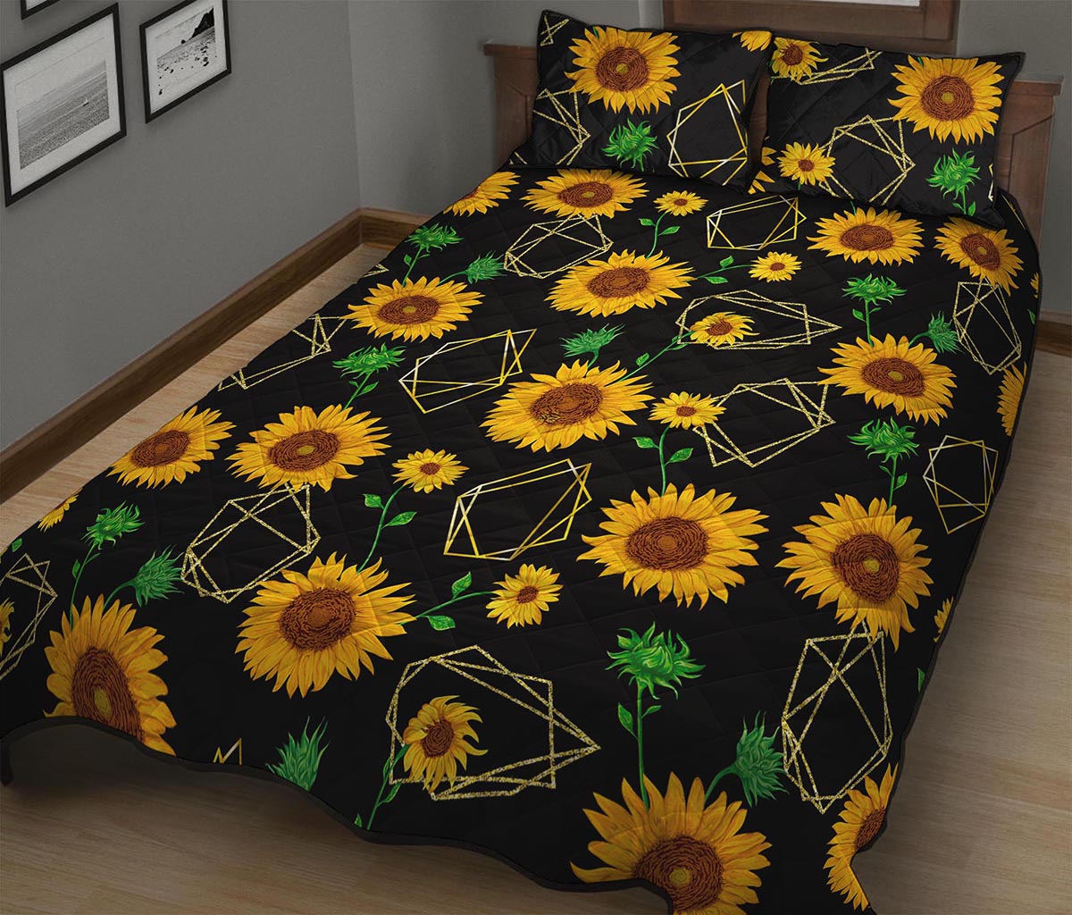 Sunflower Polygonal Pattern Print Quilt Bed Set