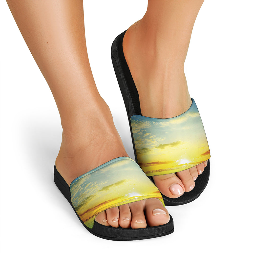 Sunrise Meadow Print Black Slide Sandals