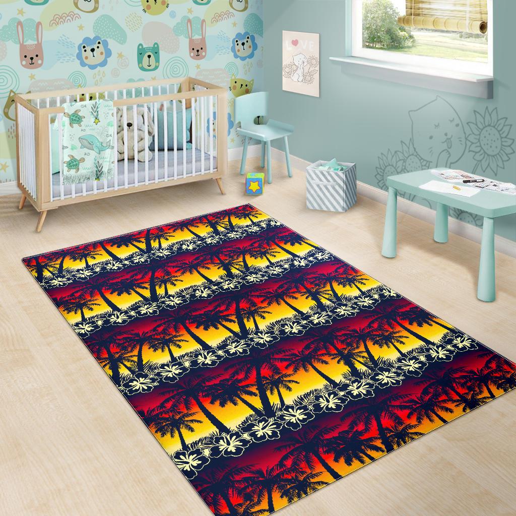 Sunset Hibiscus Palm Tree Pattern Print Area Rug GearFrost