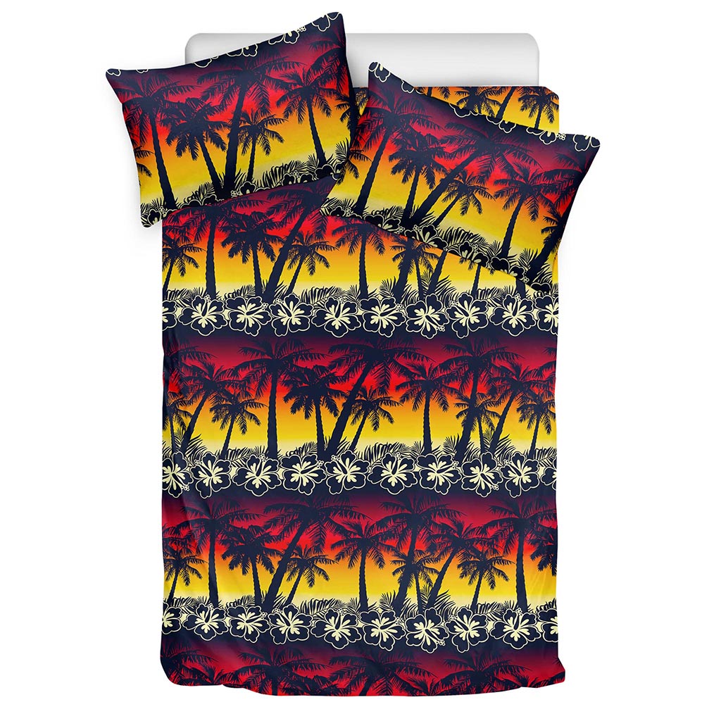 Sunset Hibiscus Palm Tree Pattern Print Duvet Cover Bedding Set