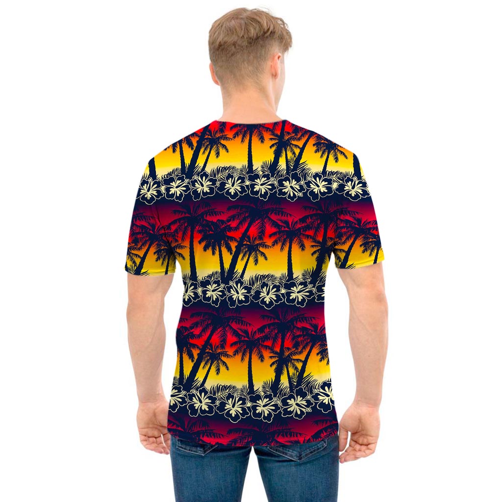 Sunset Hibiscus Palm Tree Pattern Print Men's T-Shirt