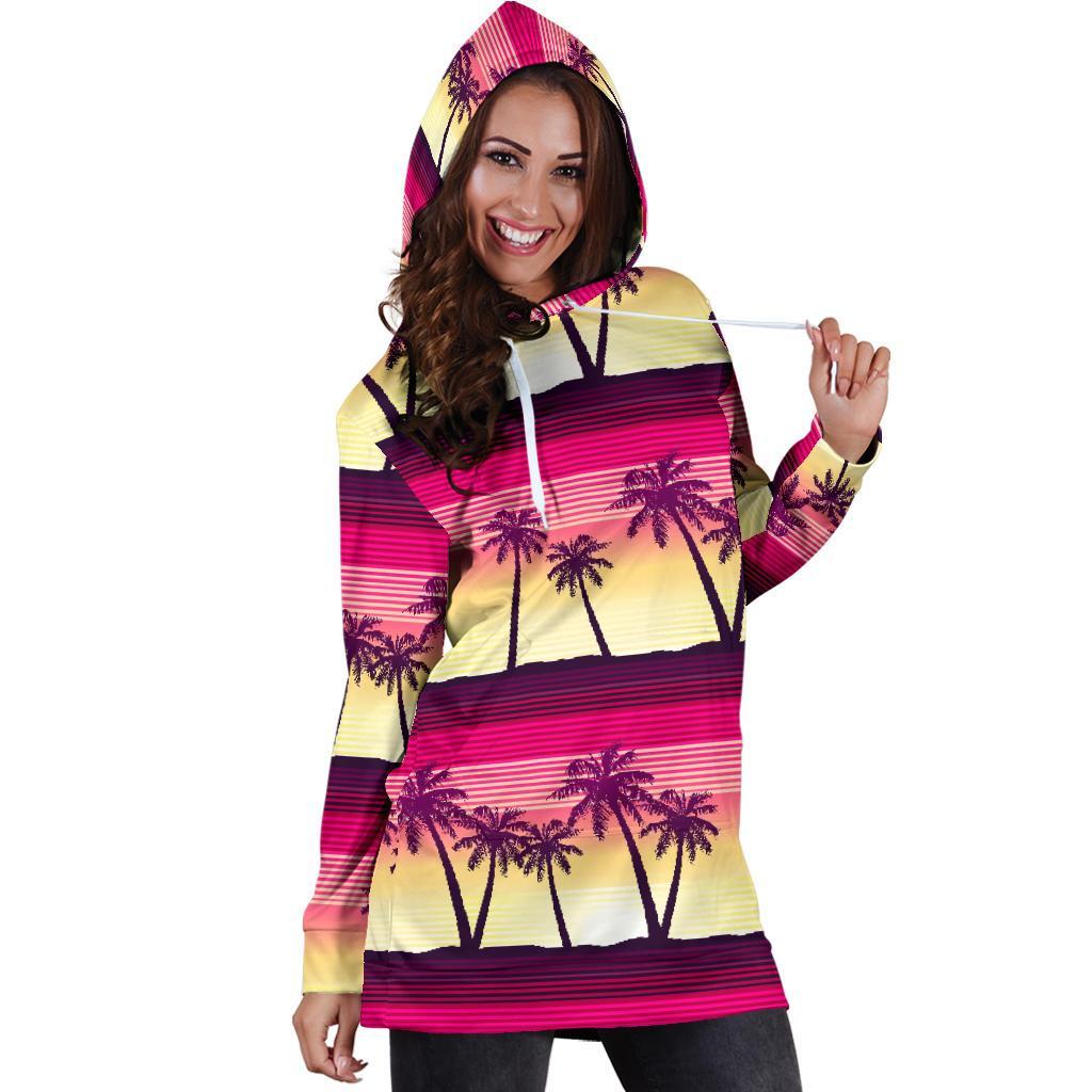 Sunset Palm Tree Pattern Print Hoodie Dress GearFrost