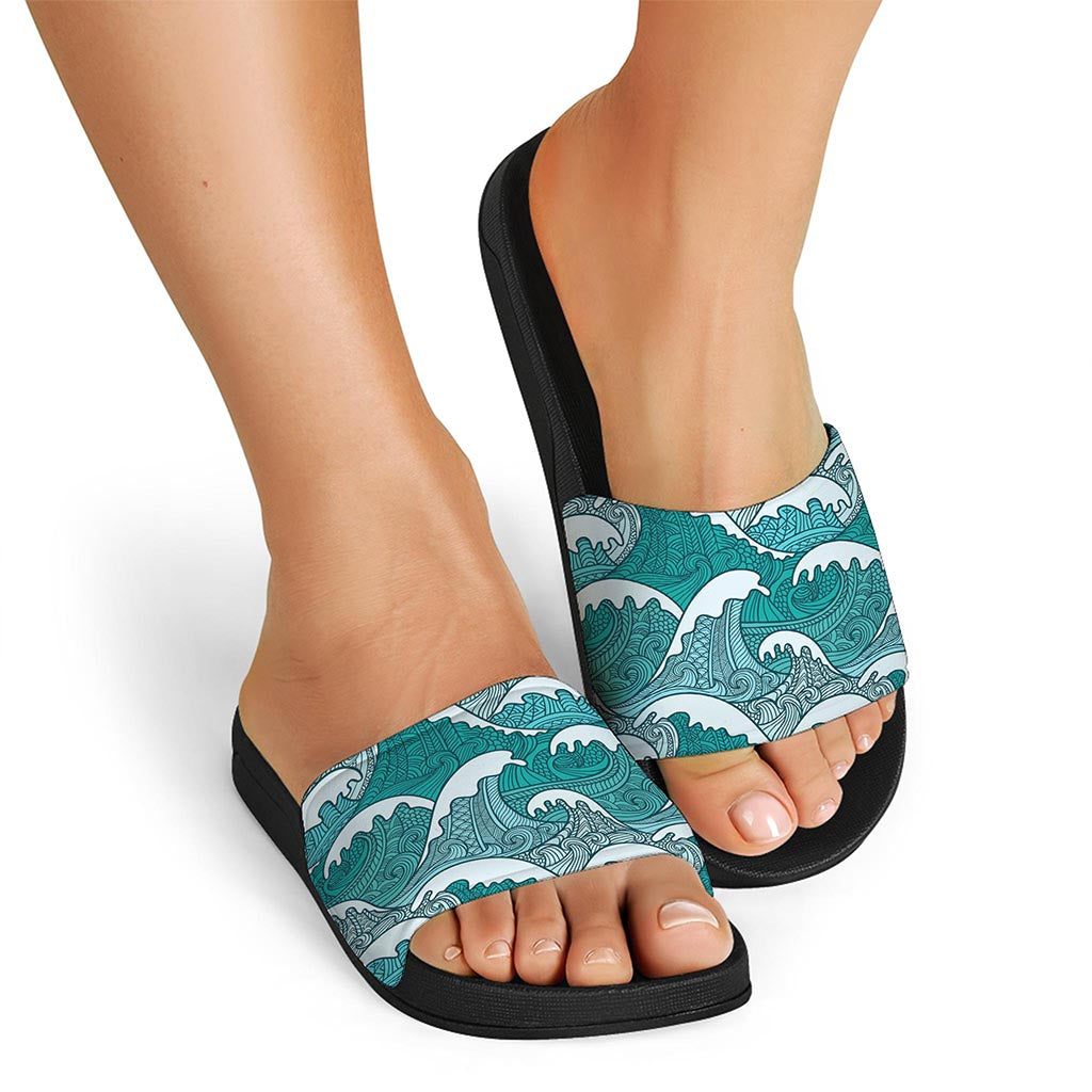 Surfing Wave Pattern Print Black Slide Sandals