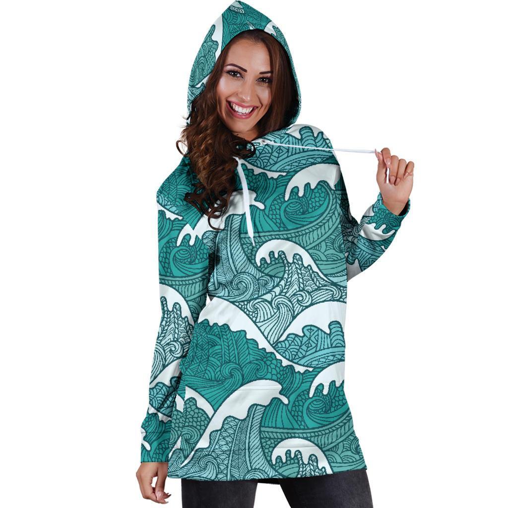 Surfing Wave Pattern Print Hoodie Dress GearFrost
