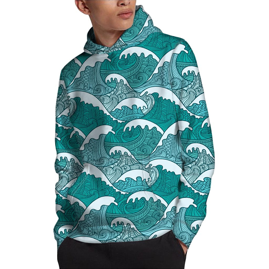 Surfing Wave Pattern Print Pullover Hoodie