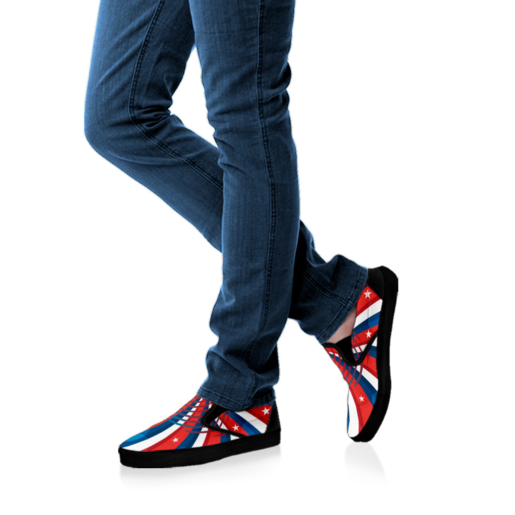 Swirly American Patriotic Print Black Slip On Shoes