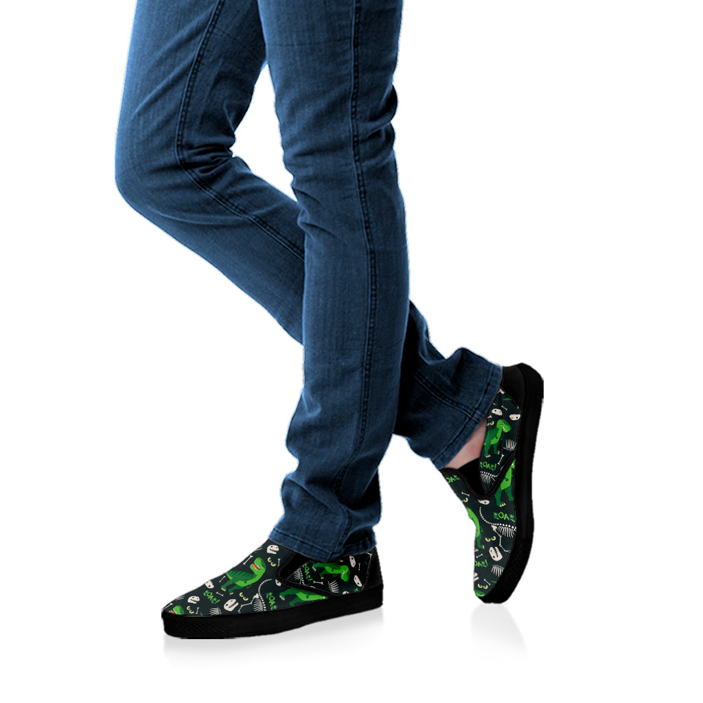 T-Rex And Dino Fossil Pattern Print Black Slip On Shoes