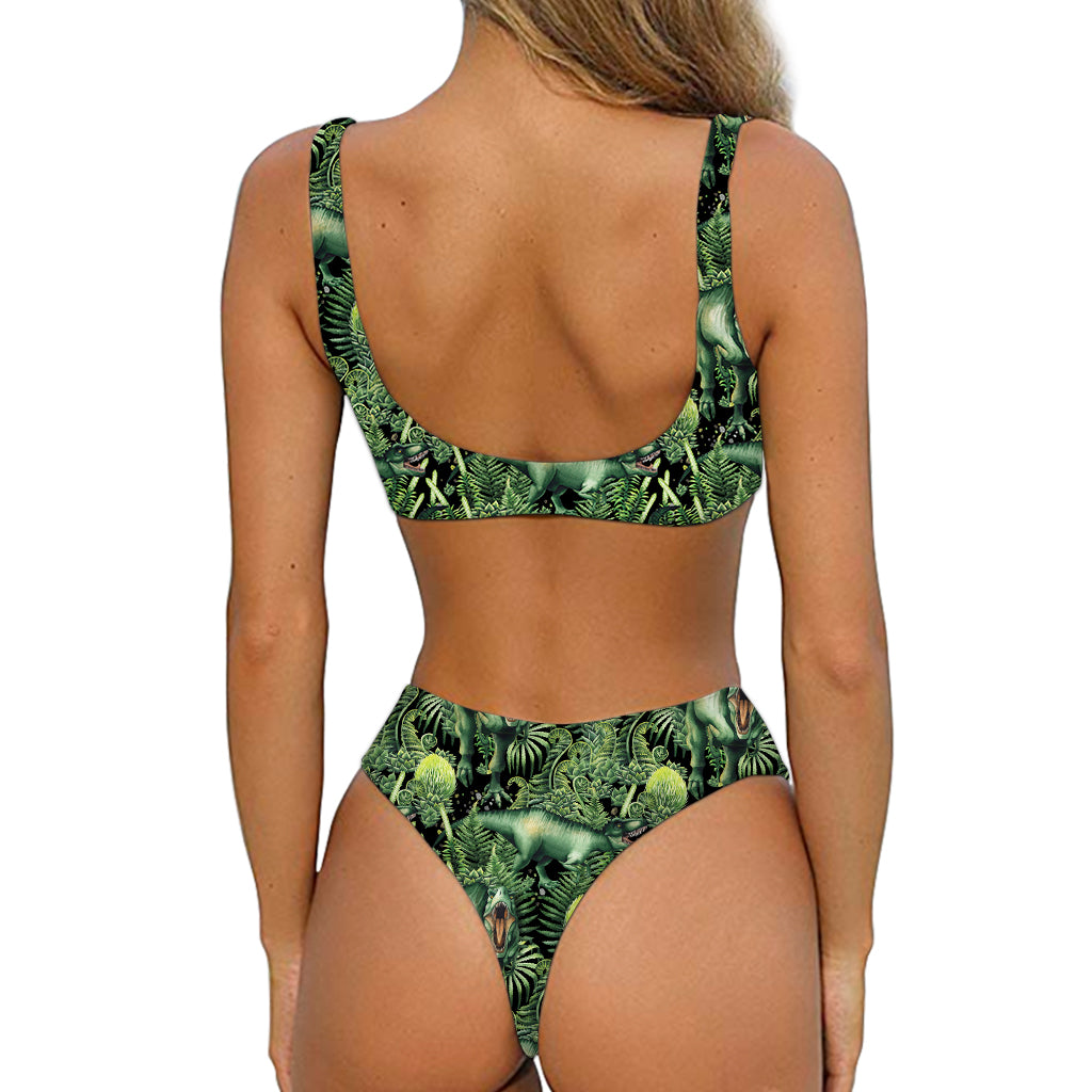 T-Rex Dinosaur And Jurassic Plants Print Front Bow Tie Bikini