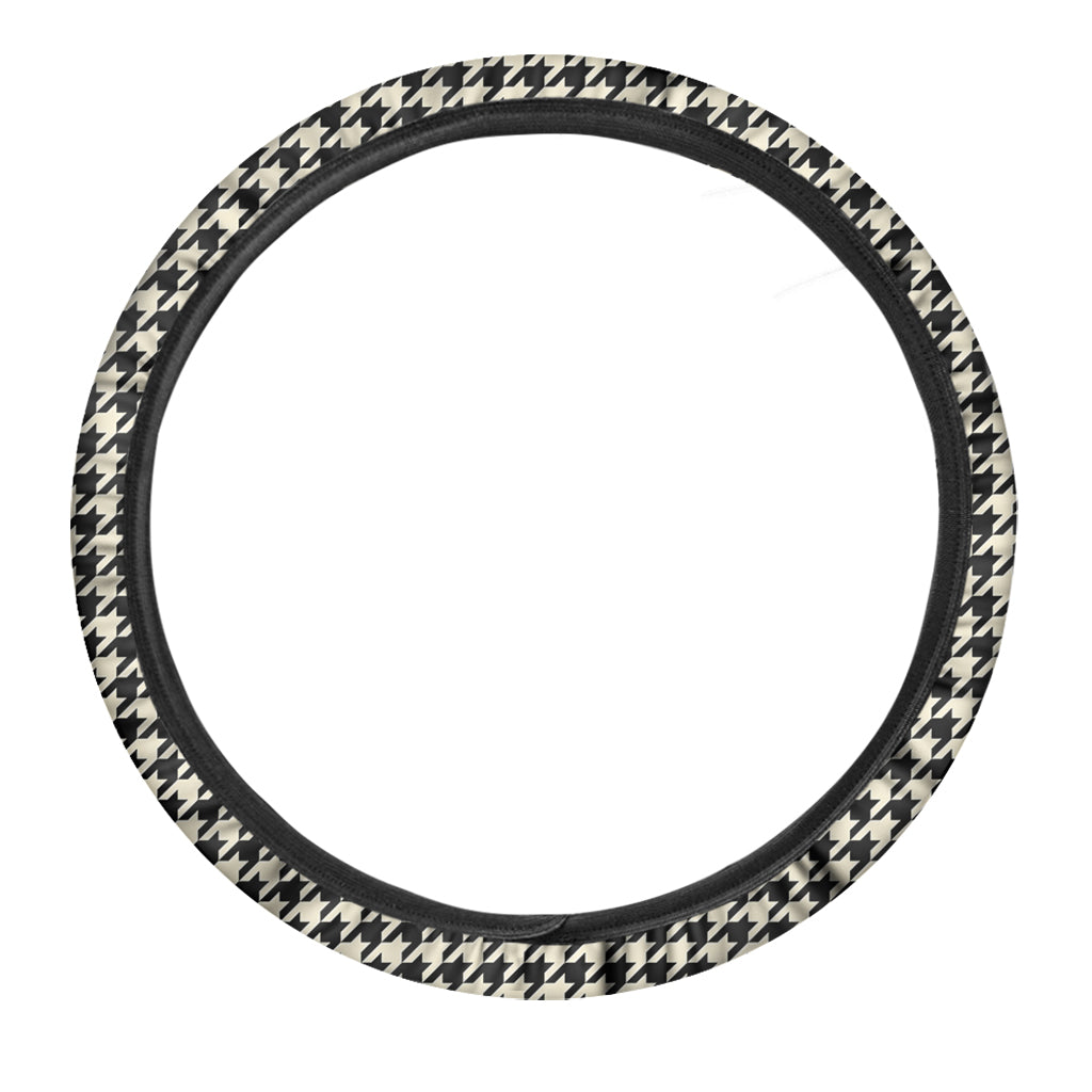 Tan And Black Houndstooth Pattern Print Car Steering Wheel Cover