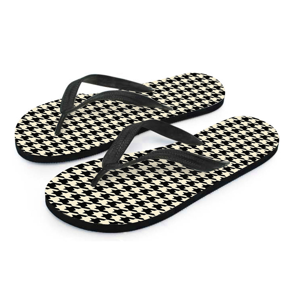 Tan And Black Houndstooth Pattern Print Flip Flops
