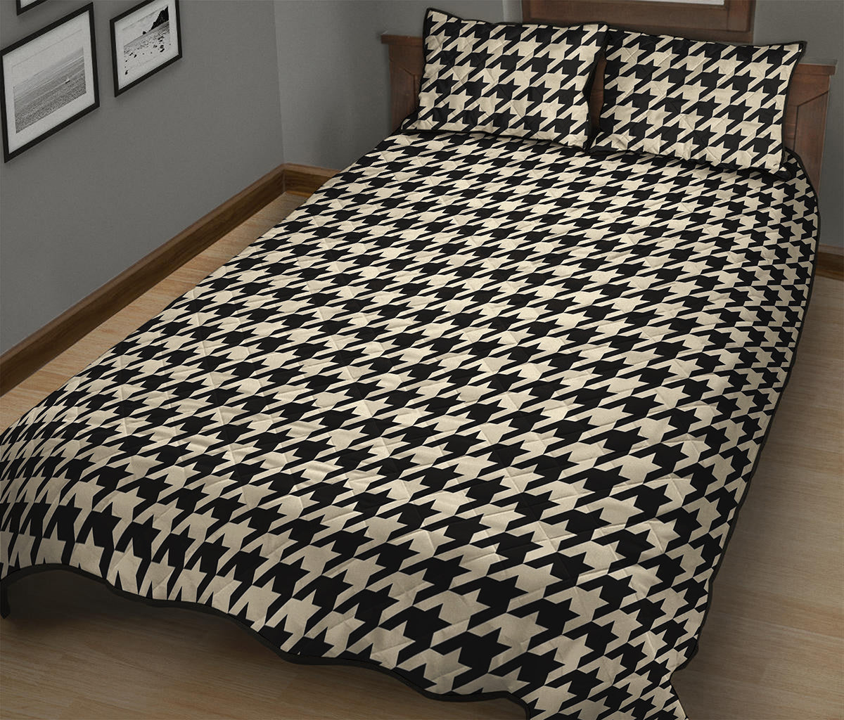 Tan And Black Houndstooth Pattern Print Quilt Bed Set