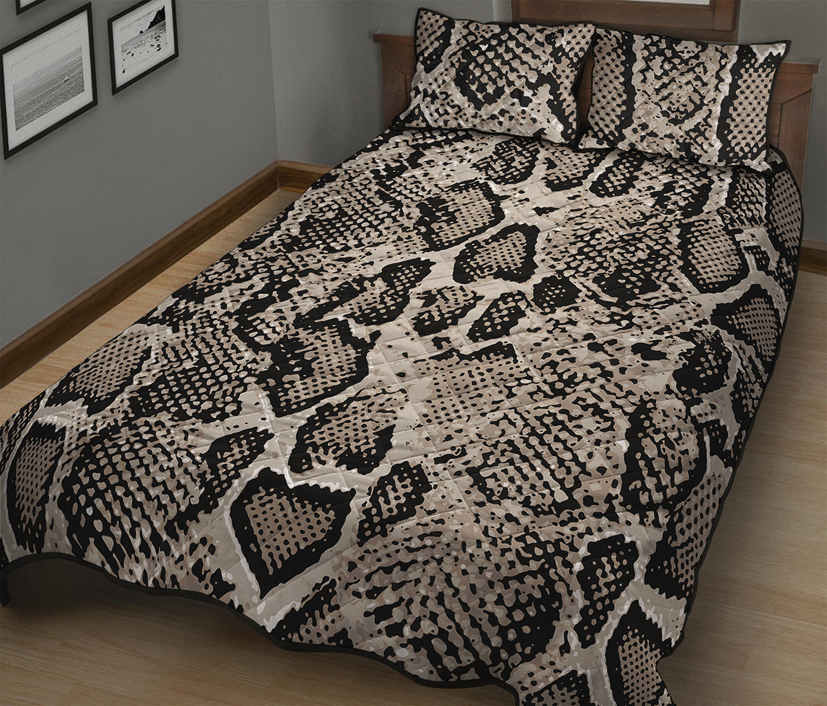 Tan And Black Snakeskin Print Quilt Bed Set