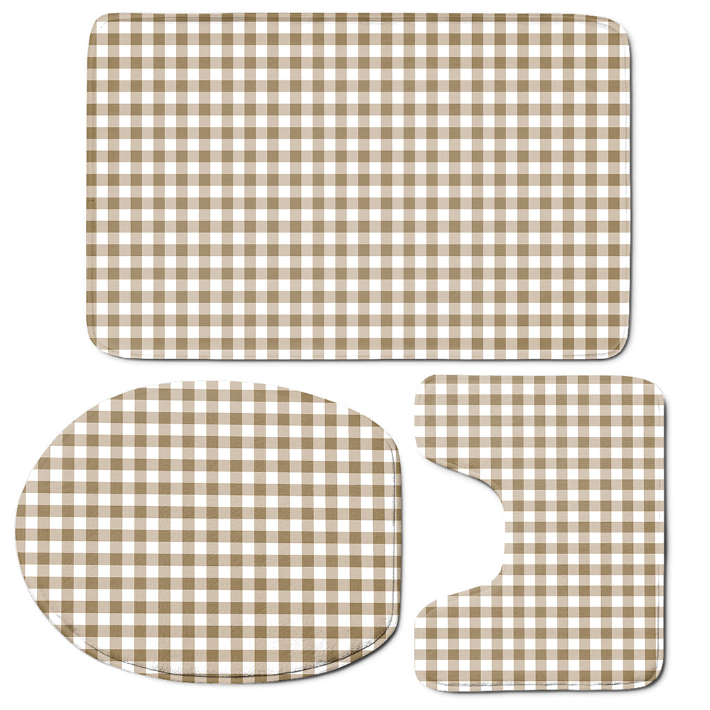 Tan And White Gingham Pattern Print 3 Piece Bath Mat Set