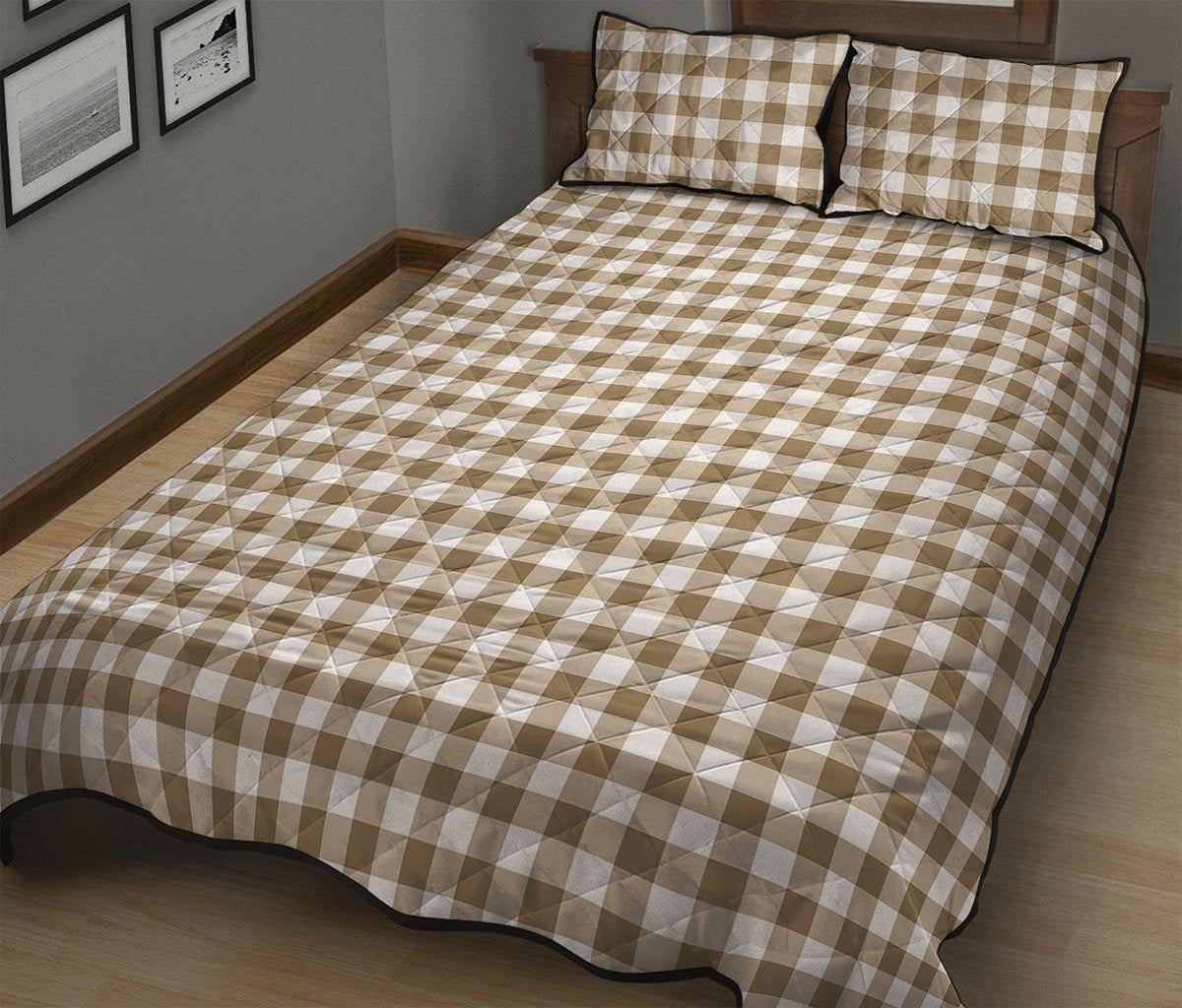 Tan And White Gingham Pattern Print Quilt Bed Set