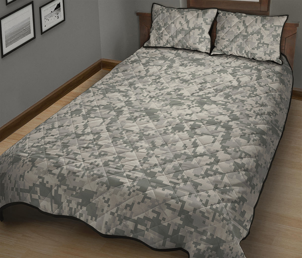 Tan Digital Camo Pattern Print Quilt Bed Set