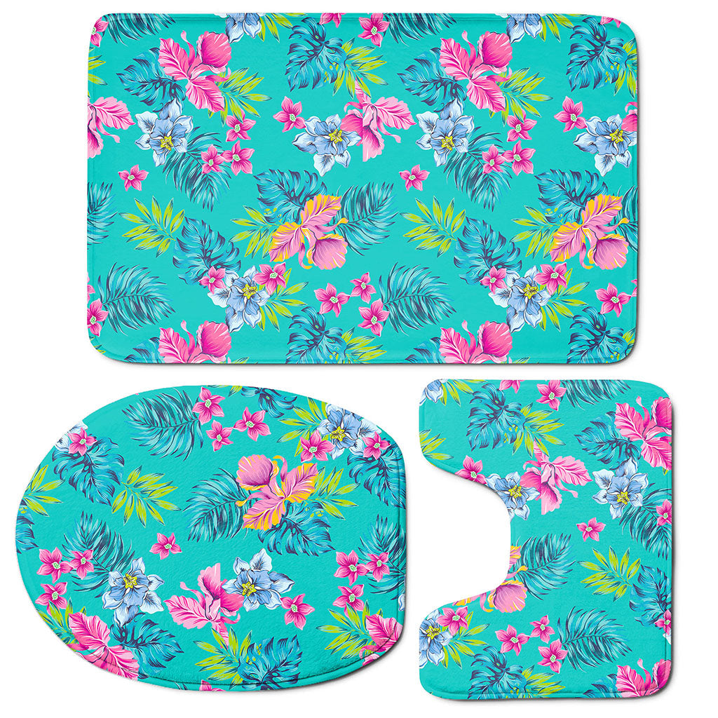 Teal Aloha Tropical Pattern Print 3 Piece Bath Mat Set