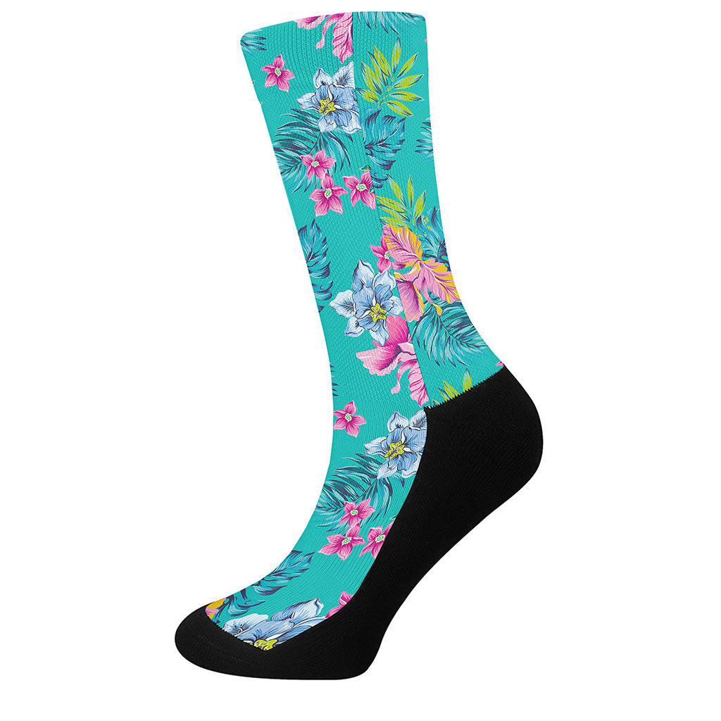 Teal Aloha Tropical Pattern Print Crew Socks