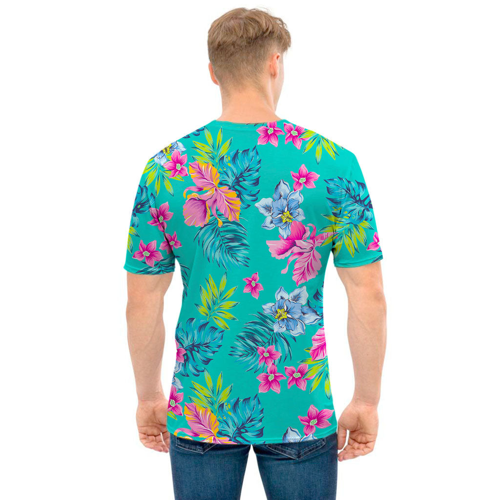 Teal Aloha Tropical Pattern Print Men's T-Shirt