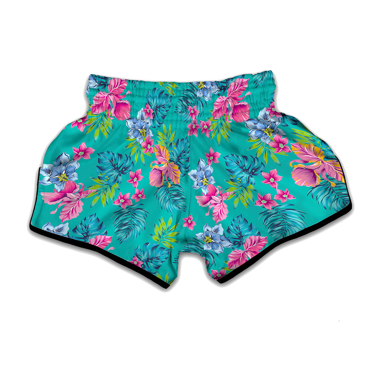 Teal Aloha Tropical Pattern Print Muay Thai Boxing Shorts