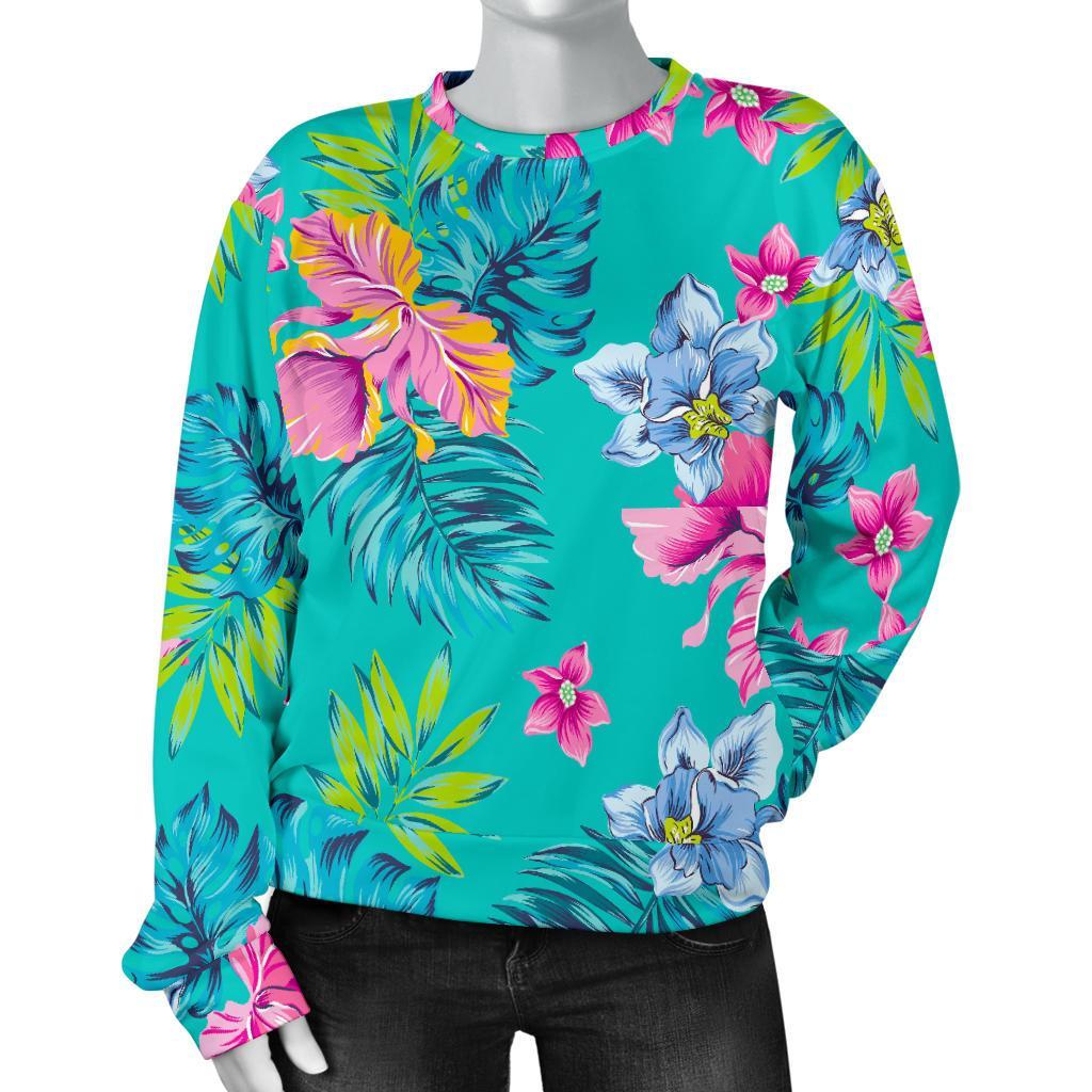 Teal Aloha Tropical Pattern Print Women's Crewneck Sweatshirt GearFrost